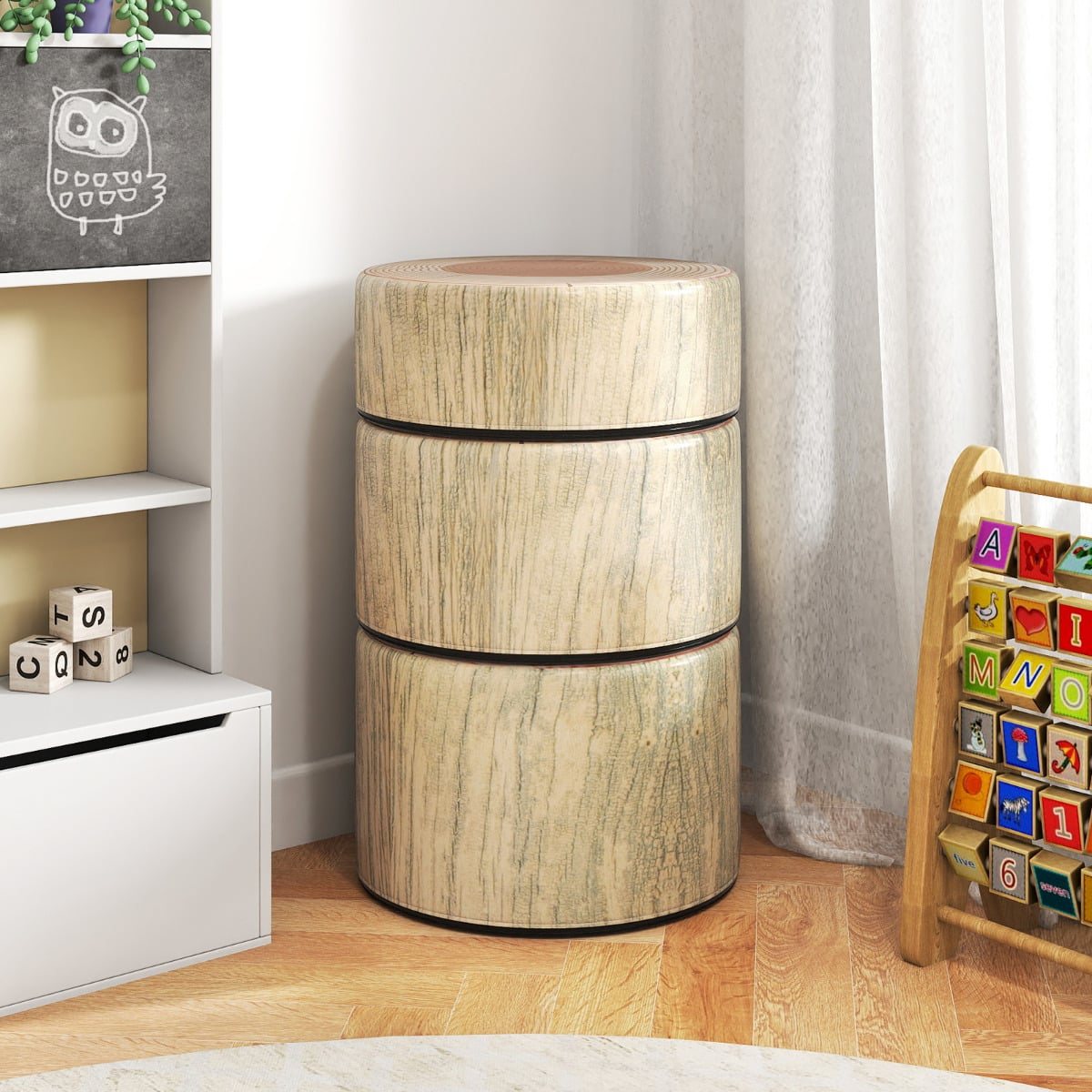 3 PCS Tree Stump Stool Set Round Flexible Seatings-Natural