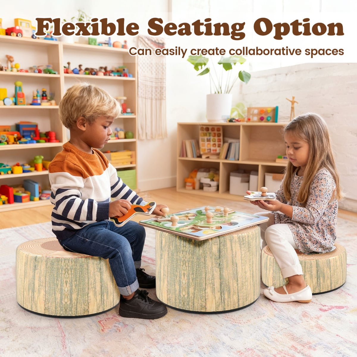 3 PCS Tree Stump Stool Set Round Flexible Seatings-Natural