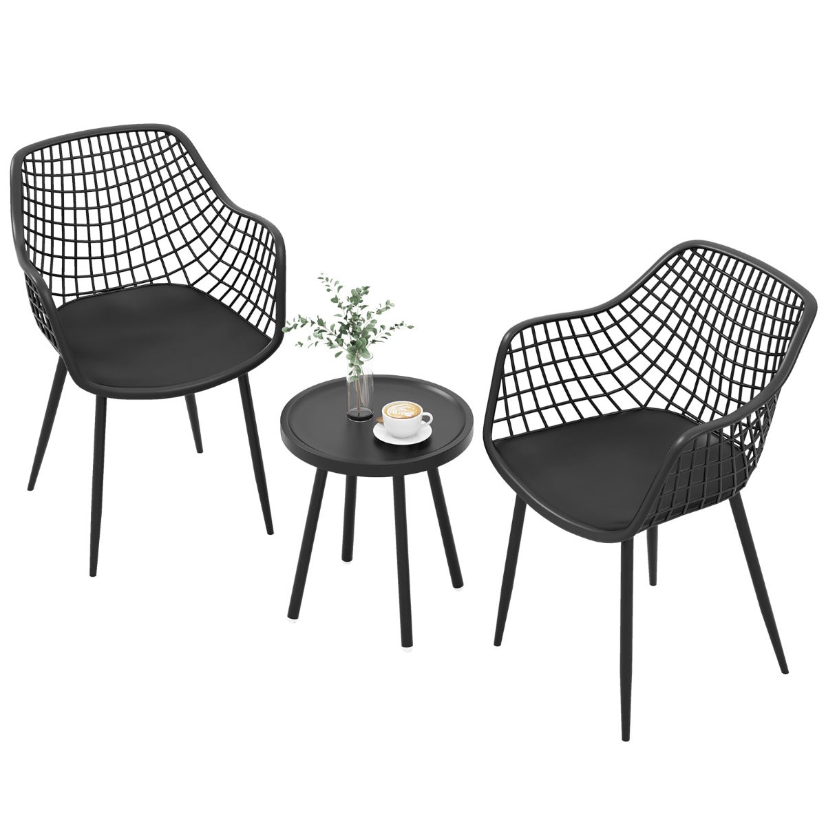 3 Piece Patio Chair Set with PP Seat and Tabletop-Black