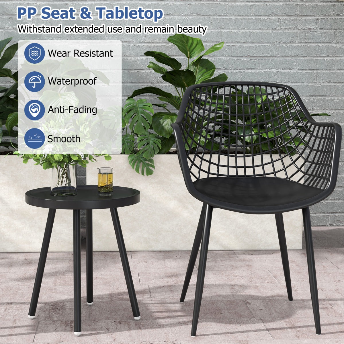 3 Piece Patio Chair Set with PP Seat and Tabletop-Black