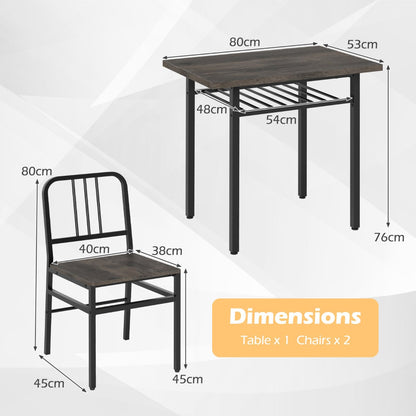 3-Piece Dining Table Set with Storage Rack and Metal Legs-Grey