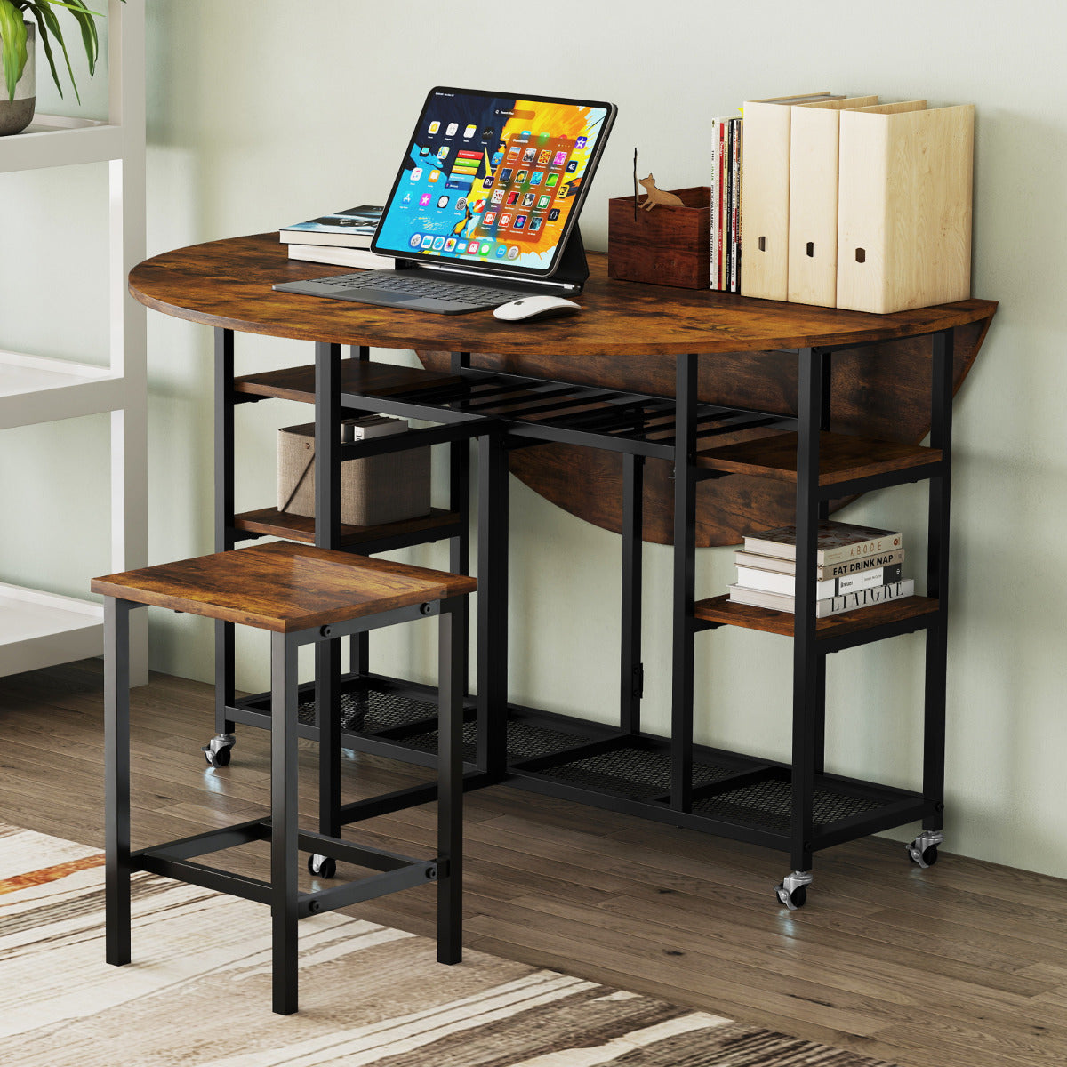3-Piece Folding Dining Table Set with Large Tabletop and Storage Racks-Rustic Brown
