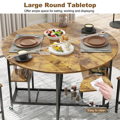 3-Piece Folding Dining Table Set with Large Tabletop and Storage Racks-Rustic Brown