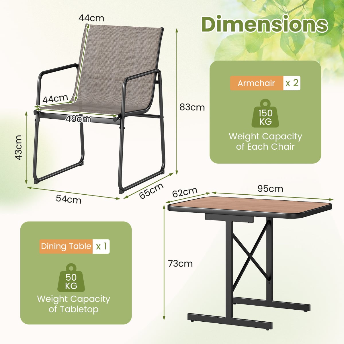 3-Piece Patio Bistro Set with Rectangle Dining Table and Fabric Armchairs-Brown