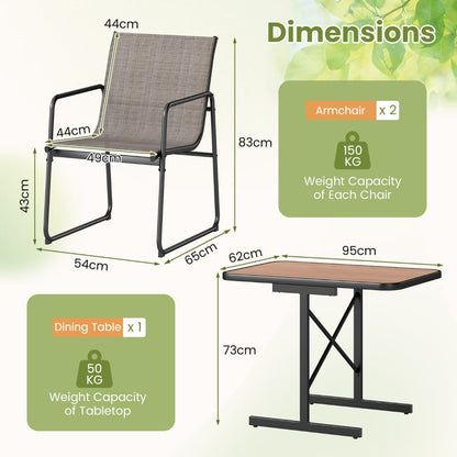 3-Piece Patio Bistro Set with Rectangle Dining Table and Fabric Armchairs-Brown