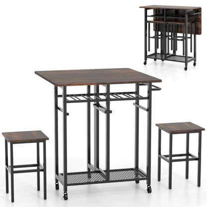 Extendable Dining Table Set with 6-Bottle Wine Rack-Rustic Brown