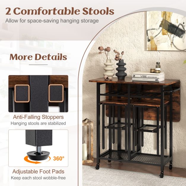 Extendable Dining Table Set with 6-Bottle Wine Rack-Rustic Brown