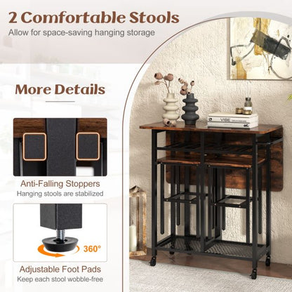 Extendable Dining Table Set with 6-Bottle Wine Rack-Rustic Brown