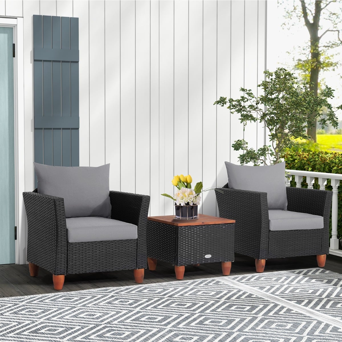 3 Pieces Patio Porch Furniture Set with Cushions and Storage Table-Grey