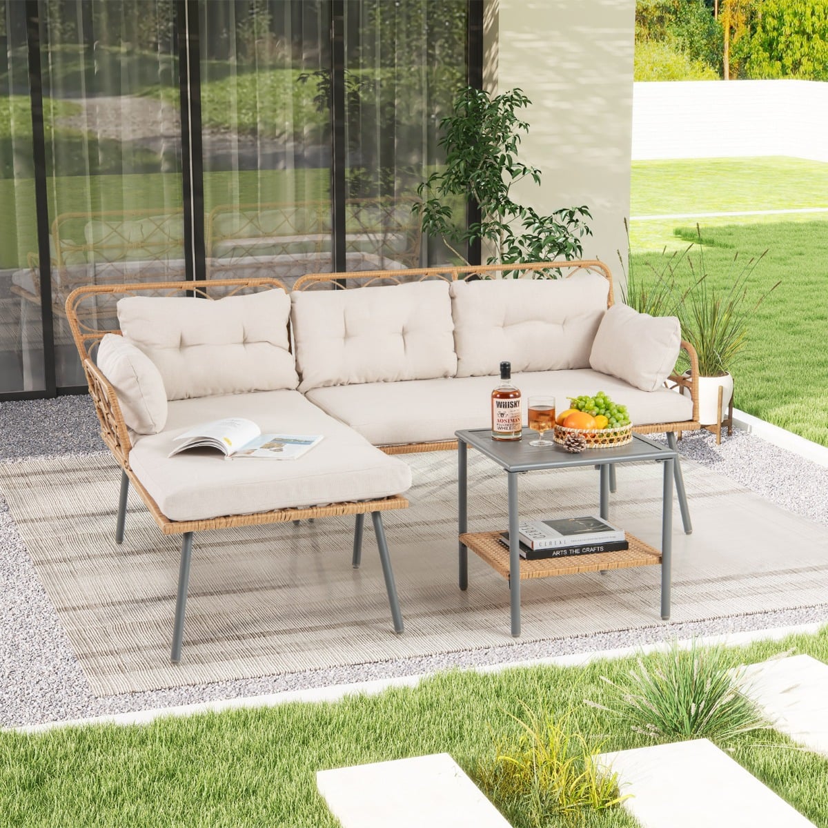3 Pieces PE Rattan L-Shaped Corner Patio Furniture Sofa Set with Coffee Table-Beige