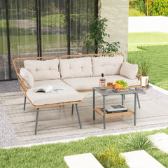 3 Pieces PE Rattan L-Shaped Corner Patio Furniture Sofa Set with Coffee Table-Beige