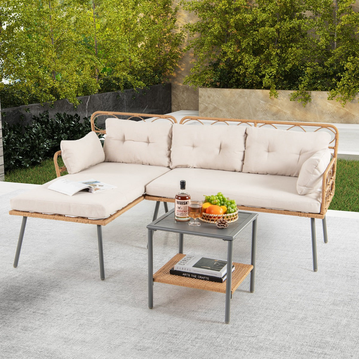 3 Pieces PE Rattan L-Shaped Corner Patio Furniture Sofa Set with Coffee Table-Beige