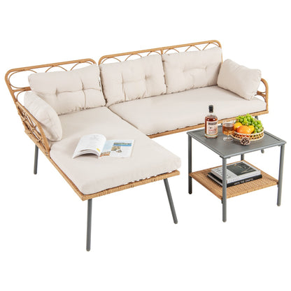 3 Pieces PE Rattan L-Shaped Corner Patio Furniture Sofa Set with Coffee Table-Beige