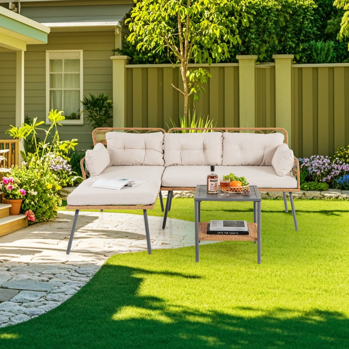 3 Pieces PE Rattan L-Shaped Corner Patio Furniture Sofa Set with Coffee Table-Beige