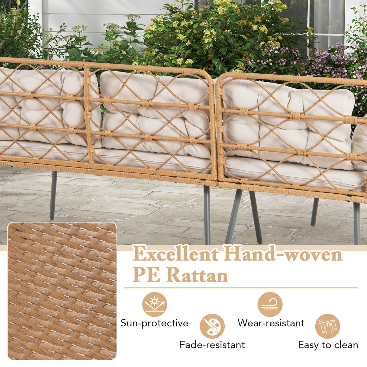 3 Pieces PE Rattan L-Shaped Corner Patio Furniture Sofa Set with Coffee Table-Beige