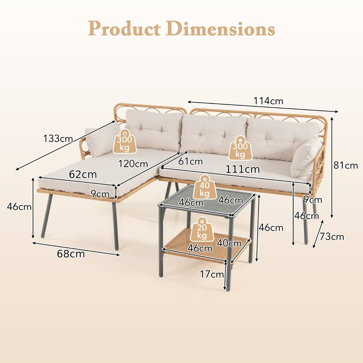 3 Pieces PE Rattan L-Shaped Corner Patio Furniture Sofa Set with Coffee Table-Beige