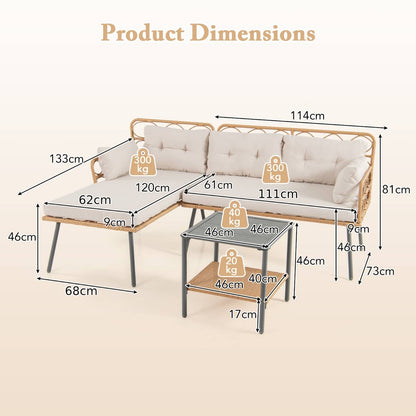 3 Pieces PE Rattan L-Shaped Corner Patio Furniture Sofa Set with Coffee Table-Beige