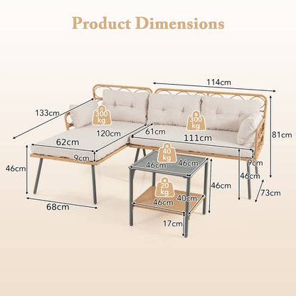 3 Pieces PE Rattan L-Shaped Corner Patio Furniture Sofa Set with Coffee Table-Beige
