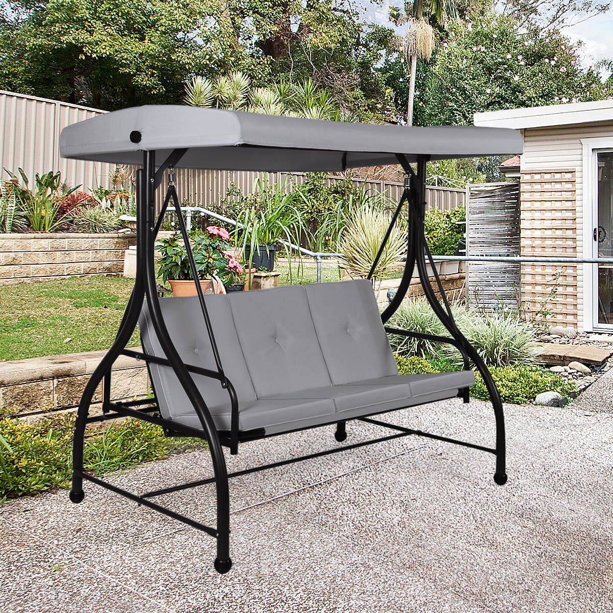 3 Seater Garden Swing Chair with Adjustable Canopy and Cushions-Grey