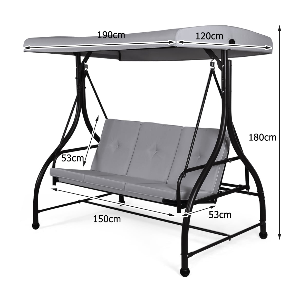 3 Seater Garden Swing Chair with Adjustable Canopy and Cushions-Grey