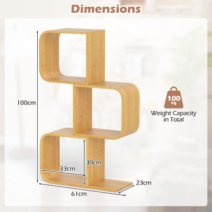 S-Shaped Bookcase Bamboo Bookshelf with 2 Open Cubes-3-Tier