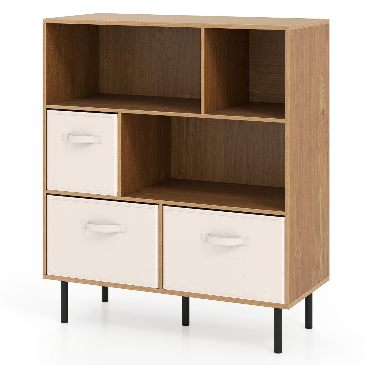 3-Tier Bookcase with 3 Removable Folding Fabric Drawers-Natural