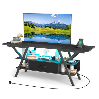 3-Tier Entertainment Center with LED Lights and Power Outlets-Black