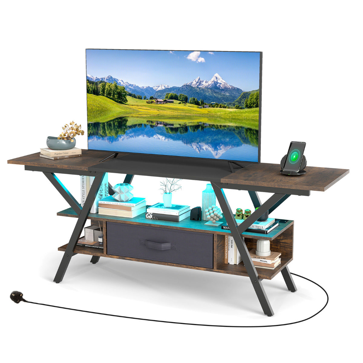 3-Tier Entertainment Center with LED Lights and Power Outlets-Rustic Brown