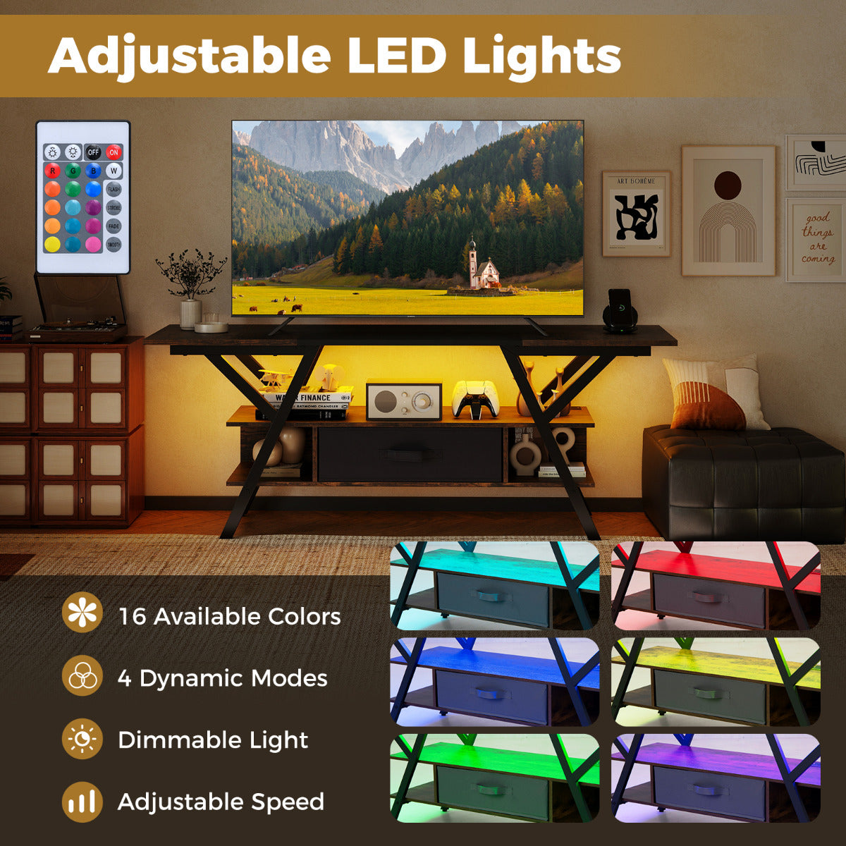 3-Tier Entertainment Center with LED Lights and Power Outlets-Rustic Brown