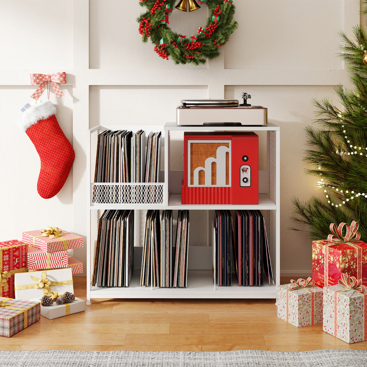 3-Tier Record Player Stand with Vinyl Storage and 3 Removable Dividers-White