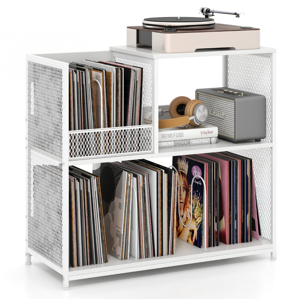 3-Tier Record Player Stand with Vinyl Storage and 3 Removable Dividers-White