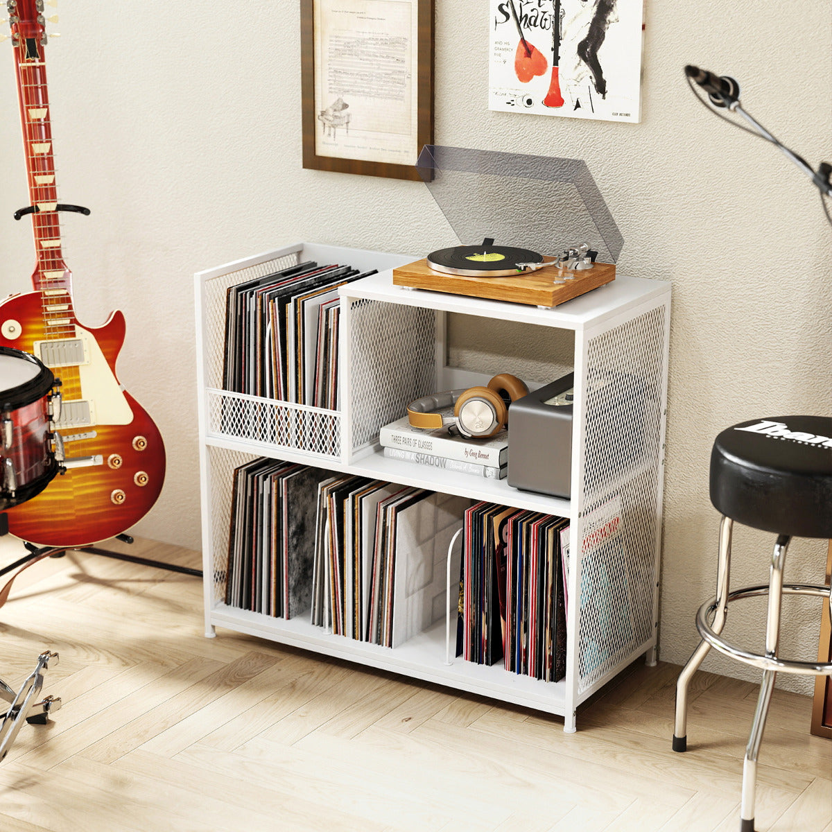 3-Tier Record Player Stand with Vinyl Storage and 3 Removable Dividers-White