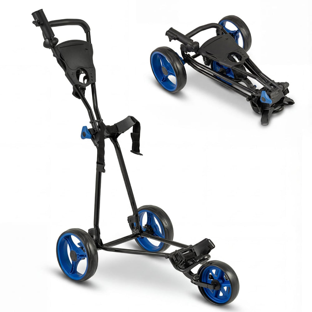 3 Wheel Folding Golf Push Cart with Adjustable Height Handle and Foot Brake-Blue