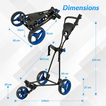 3 Wheel Folding Golf Push Cart with Adjustable Height Handle and Foot Brake-Blue