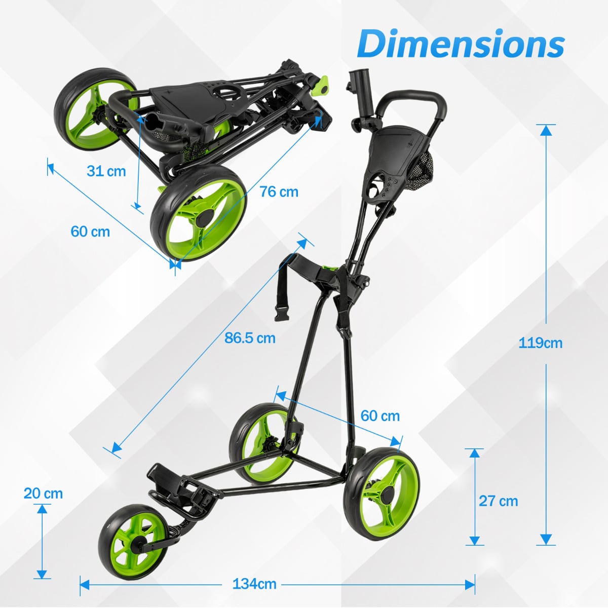 3 Wheel Folding Golf Push Cart with Adjustable Height Handle and Foot Brake-Green
