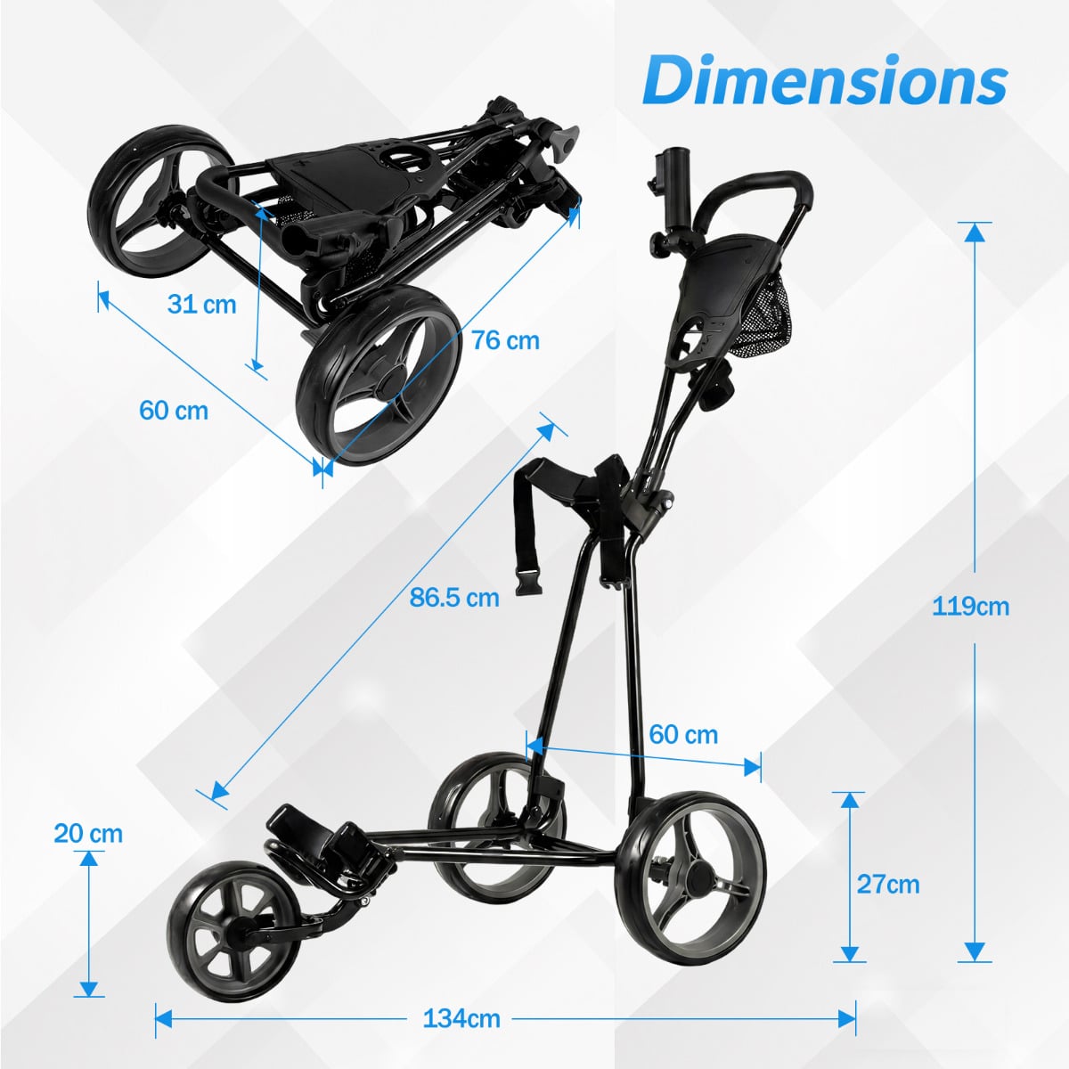 3 Wheel Folding Golf Push Cart with Adjustable Height Handle and Foot Brake-Grey