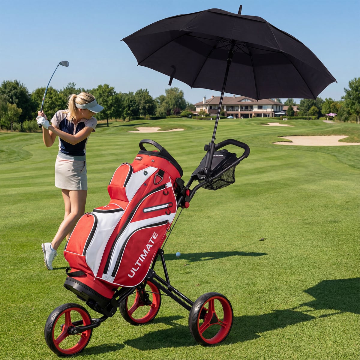 3 Wheel Folding Golf Push Cart with Adjustable Height Handle and Foot Brake-Red
