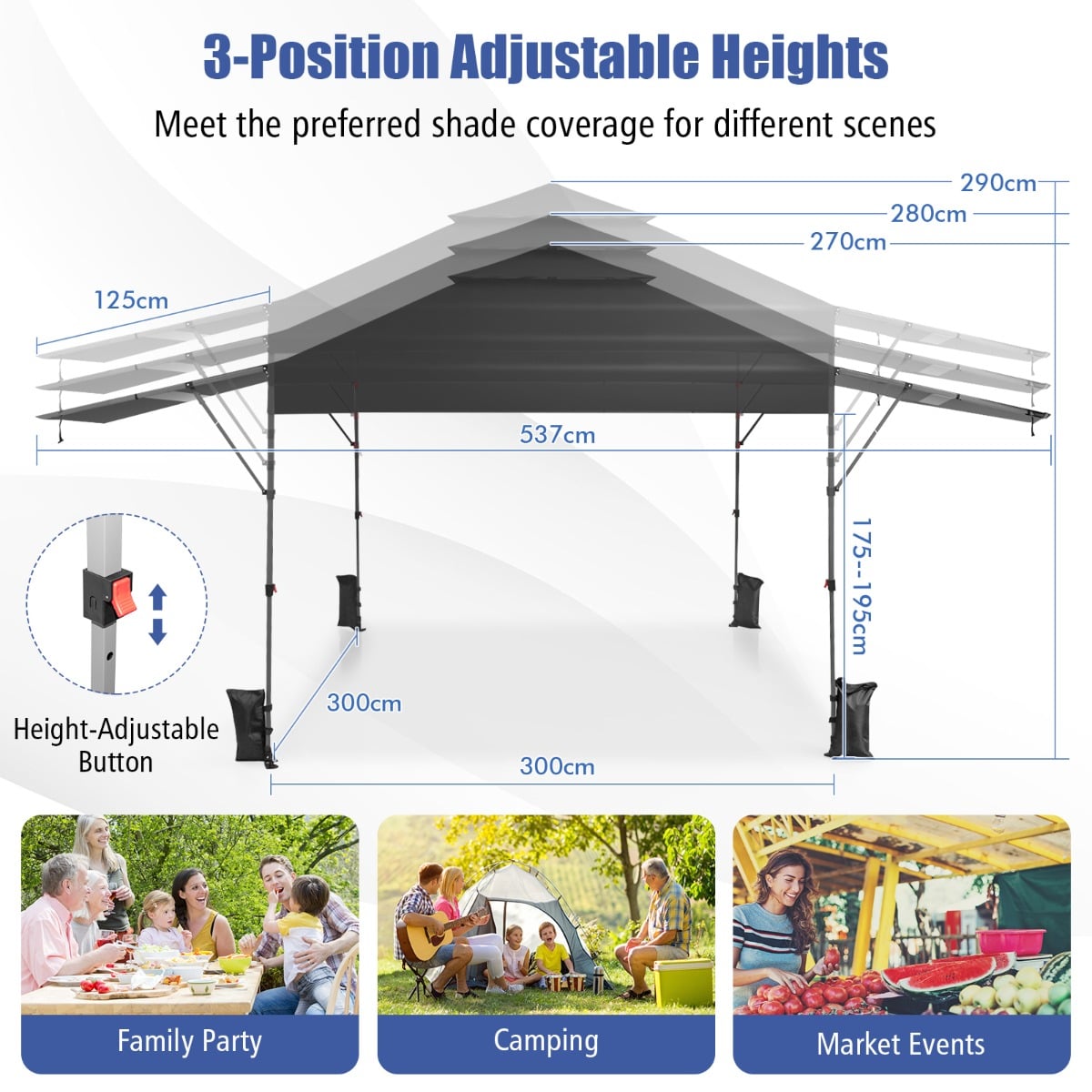 3 x 3m Rolling Pop up Gazebo with Adjustable Dual Awnings and Height-Black
