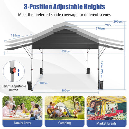3 x 3m Rolling Pop up Gazebo with Adjustable Dual Awnings and Height-Black