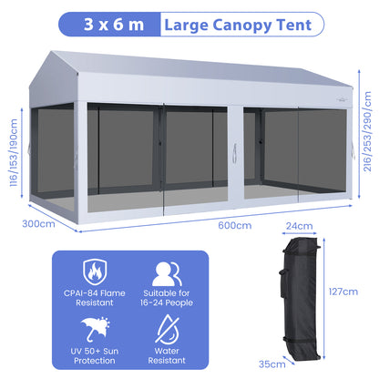 3 x 6 m Pop-Up Canopy UV Screen House Party Tent with Removable Sidewalls-White
