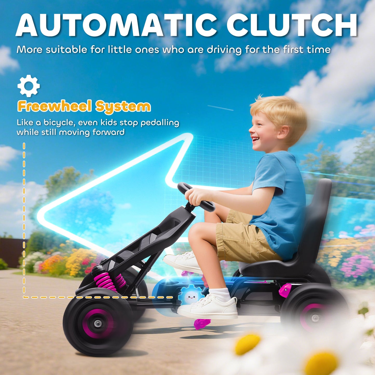 AIYAPLAY Pedal Go Kart for Kids Aged 3-6 Years, with Freewheel System, Brake, EVA Anti-Slip Wheels, Pink