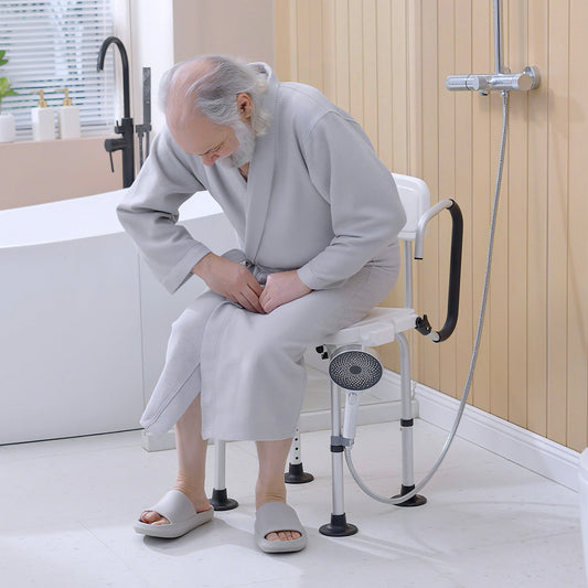 HOMCOM Shower Chair for the Elderly and Disabled, Height Adjustable Shower Stool with Back and Flipped Padded Arms, Suction Foot Pads, White