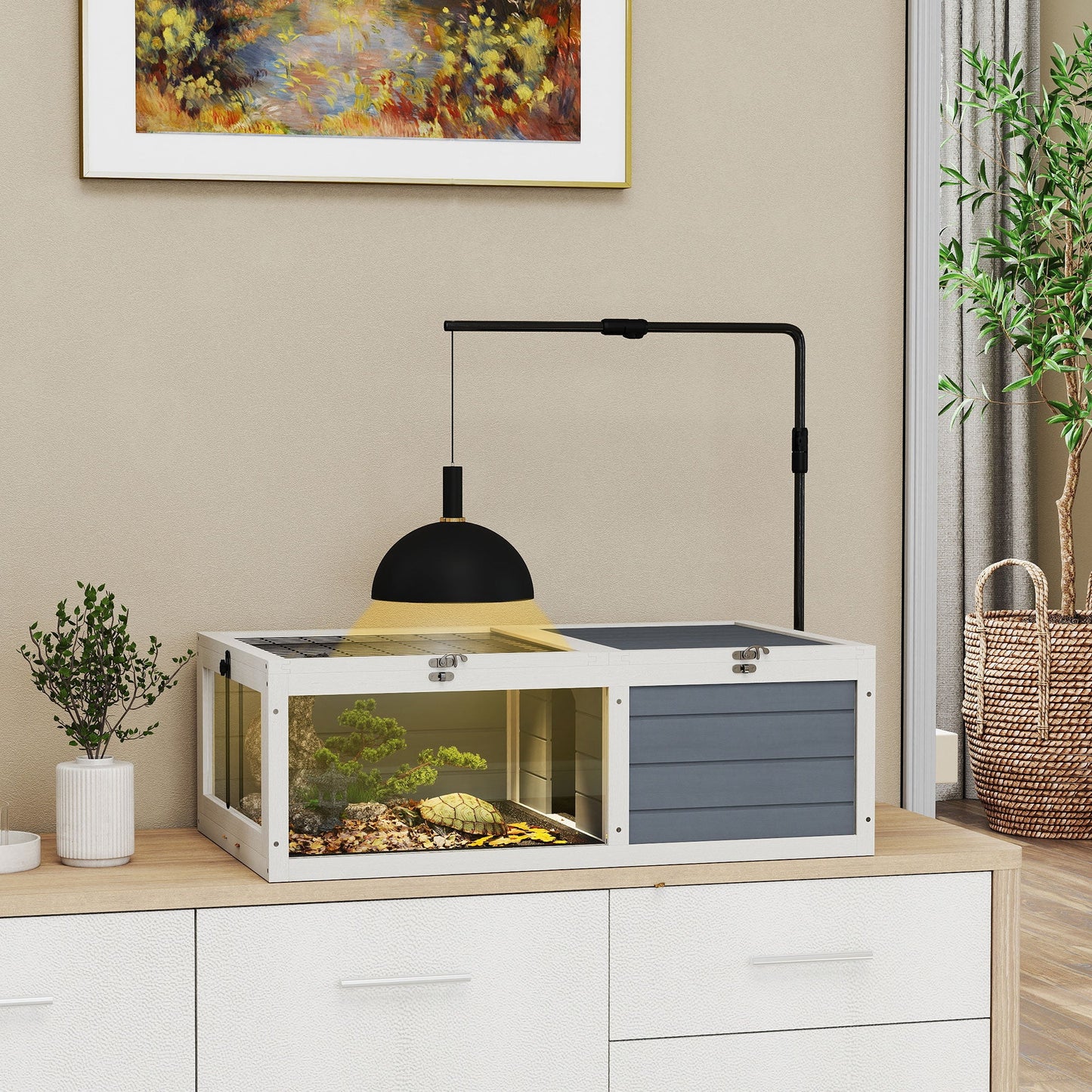 PawHut Tortoise Table with Adjustable Lamp Holder, Wooden Tortoise House w/ Openable Lids, Pull-Out Trays - Grey