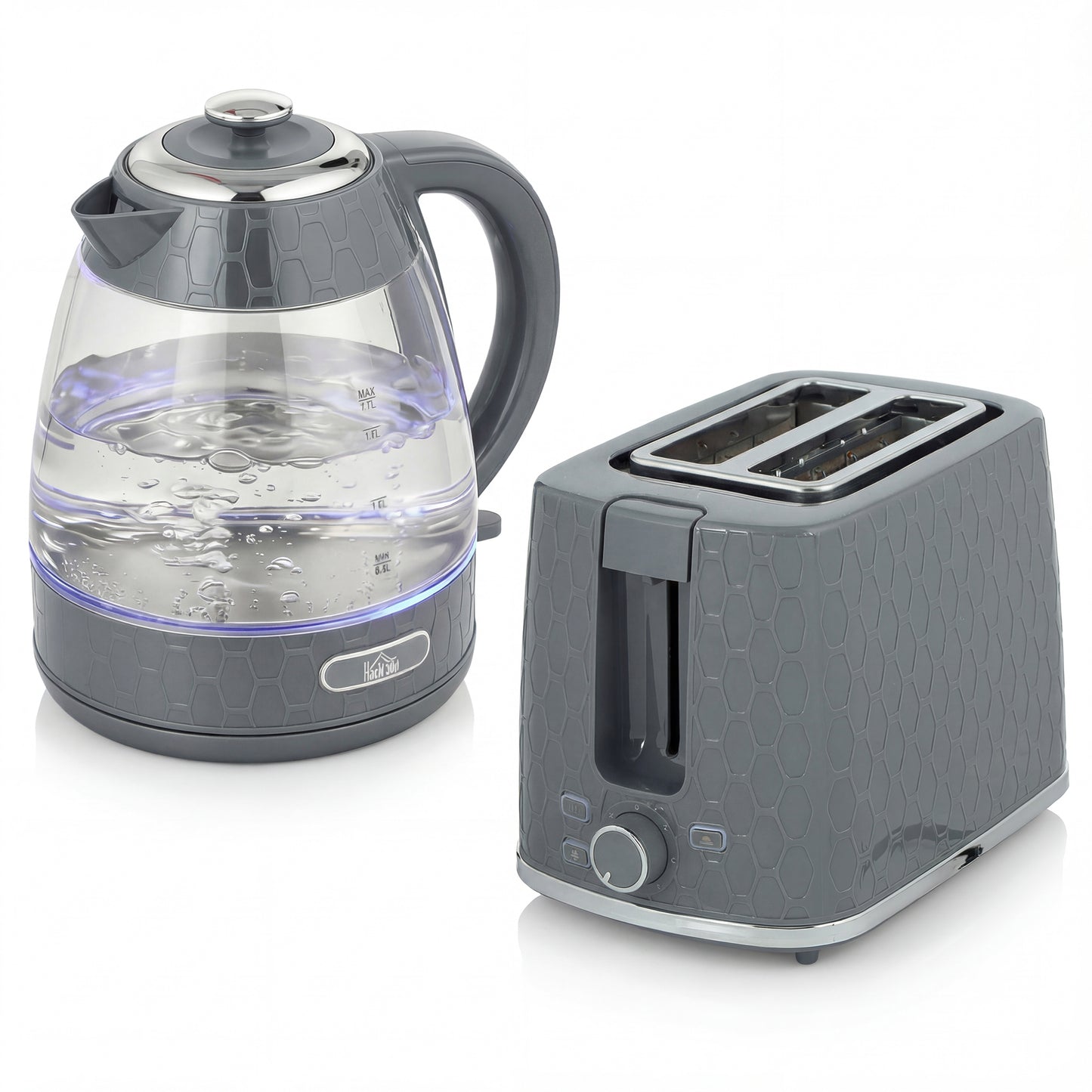 HOMCOM Kettle and Toaster Set, 1.7L 3000W Rapid Kettle with Limescale Filter, 2 Slice Toaster with 7 Browning Controls, Grey