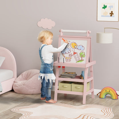 AIYAPLAY 3 in 1 Kids Easel Double-Sided Magnetic Whiteboard and Chalkboard with Paper Roll, Storage Baskets - Pink