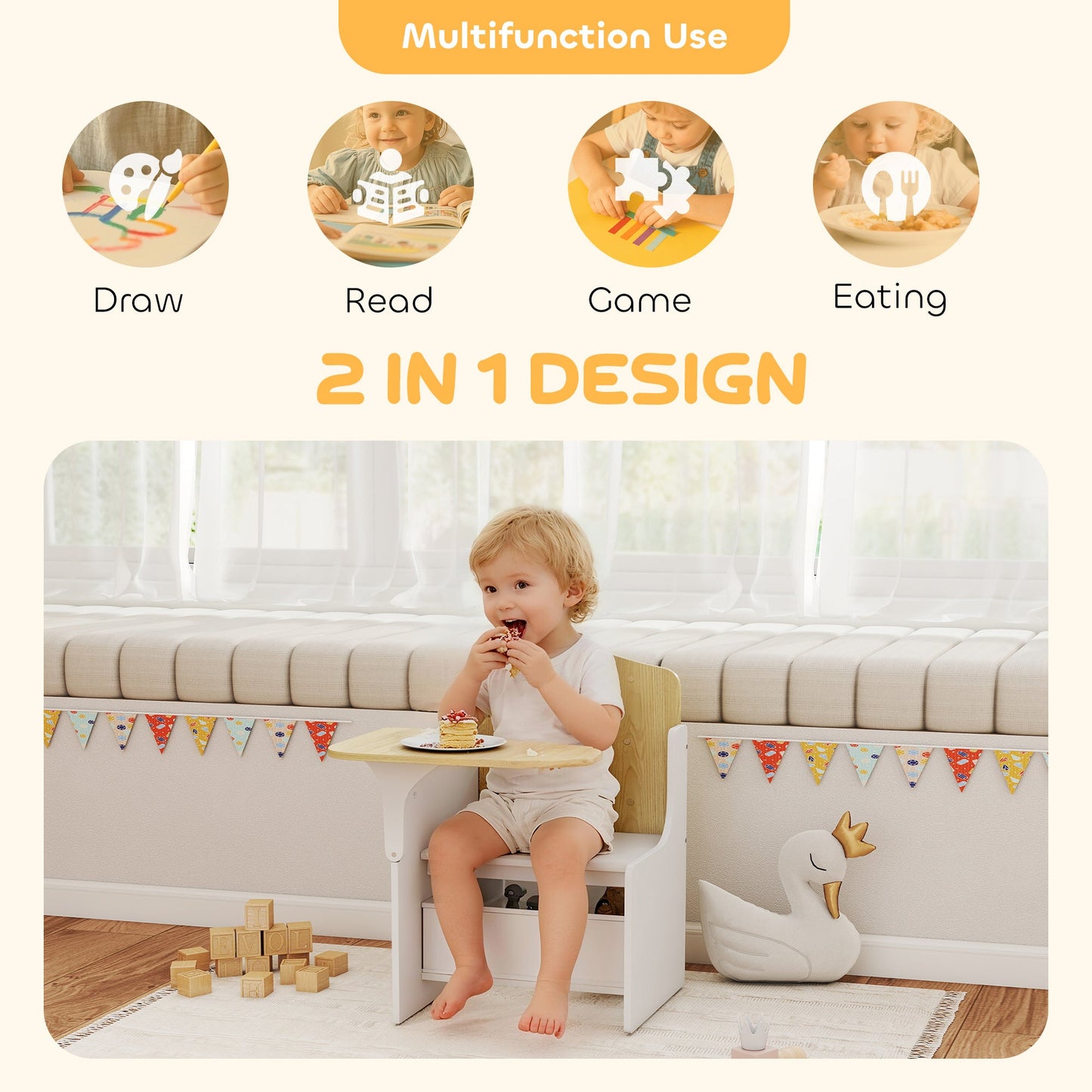 AIYAPLAY Kids Table and Chair Set, Children Desk and Chair with Storage Bins for Playing, Reading, Painting, for Ages 3-5, White