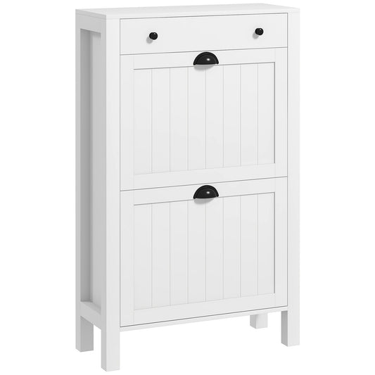 HOMCOM Narrow Shoe Cabinet with 2 Flip Drawers and Adjustable Shelves, White