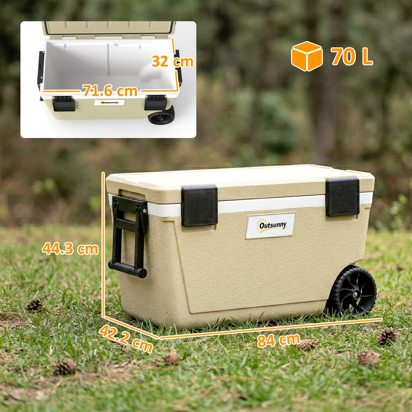 Outsunny 70L Insulated Cool Box with Wheels, Portable Ice Cooler with Handle, Lid and Drain Valve, Khaki