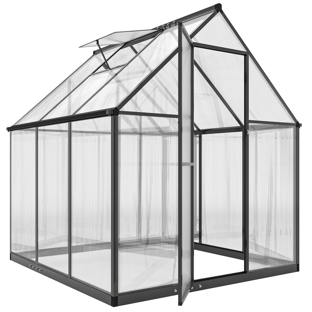 Outsunny Polycarbonate Greenhouse with Swing Door and Adjustable Window, Walk-in Greenhouse with Rain Gutter, 6 x 6.5ft, Black