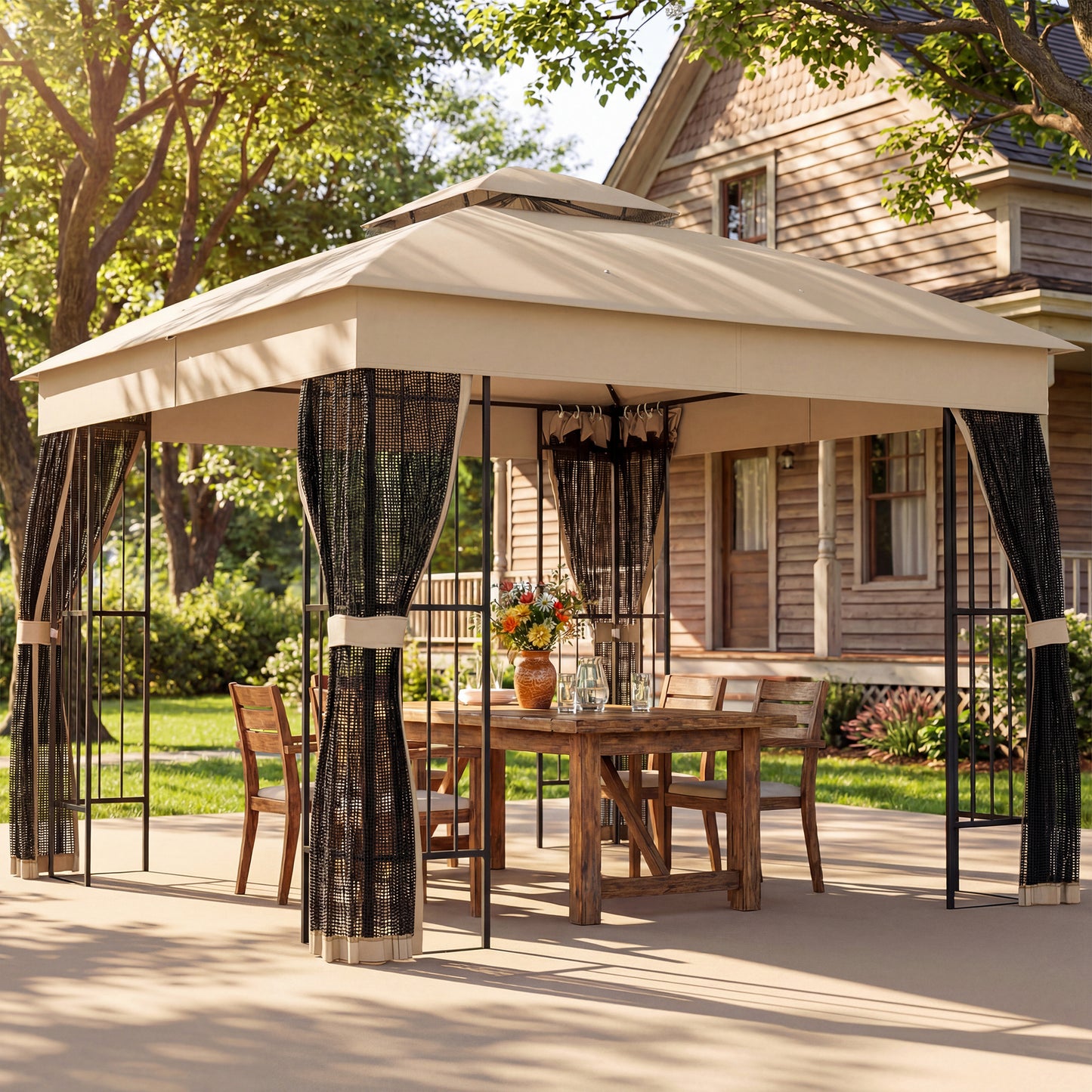Outsunny 3 x 3 m Outdoor Garden Gazebo with Post Shelves, UPF50+ DoubleÂ Roof Patio Permanent Pavilion, Brown
